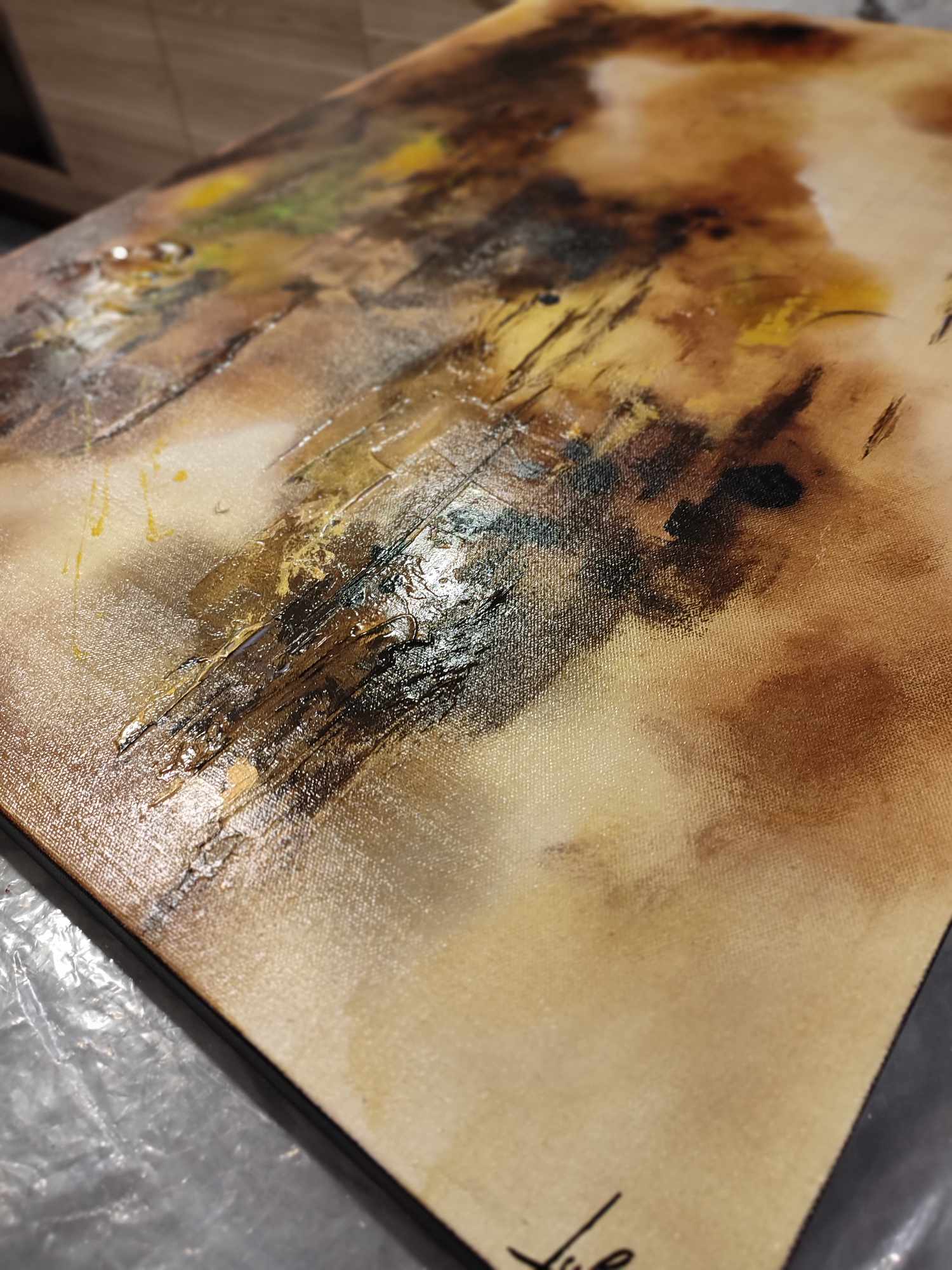 Tableau abstrait acrylique Brume dorée
