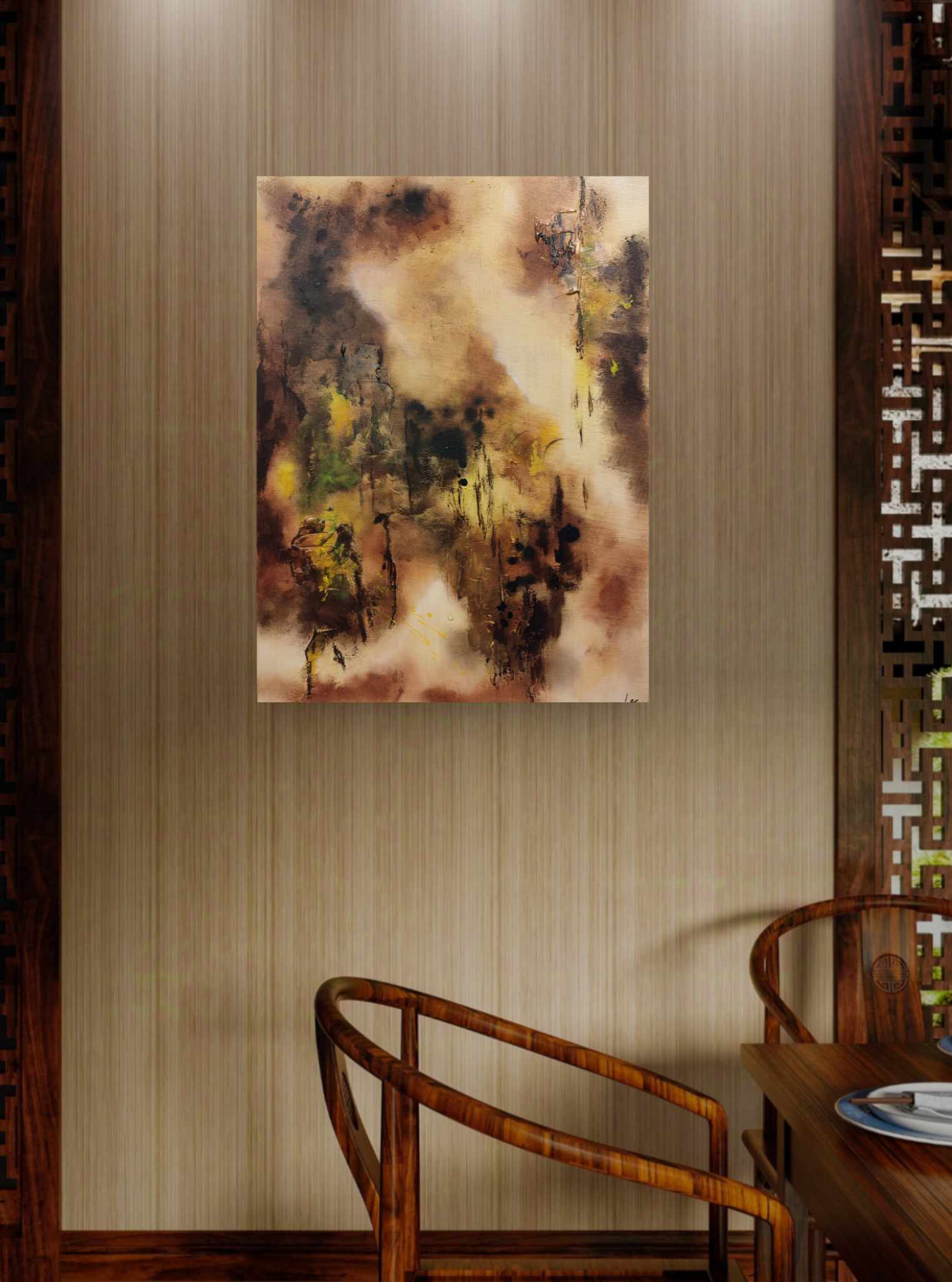 Tableau abstrait acrylique Brume dorée
